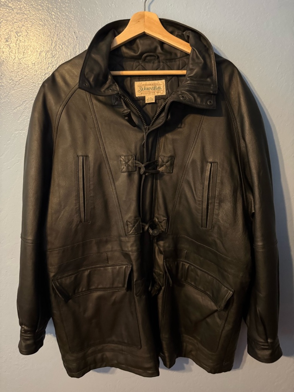 St. John's Bay Men's Black Leather Pea Coat with Toggle Closures